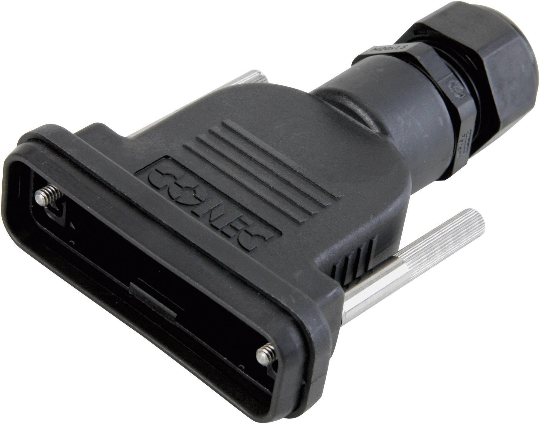 Black and grey electronic connector with a rectangular port and two silver screws, suitable for industrial machinery.