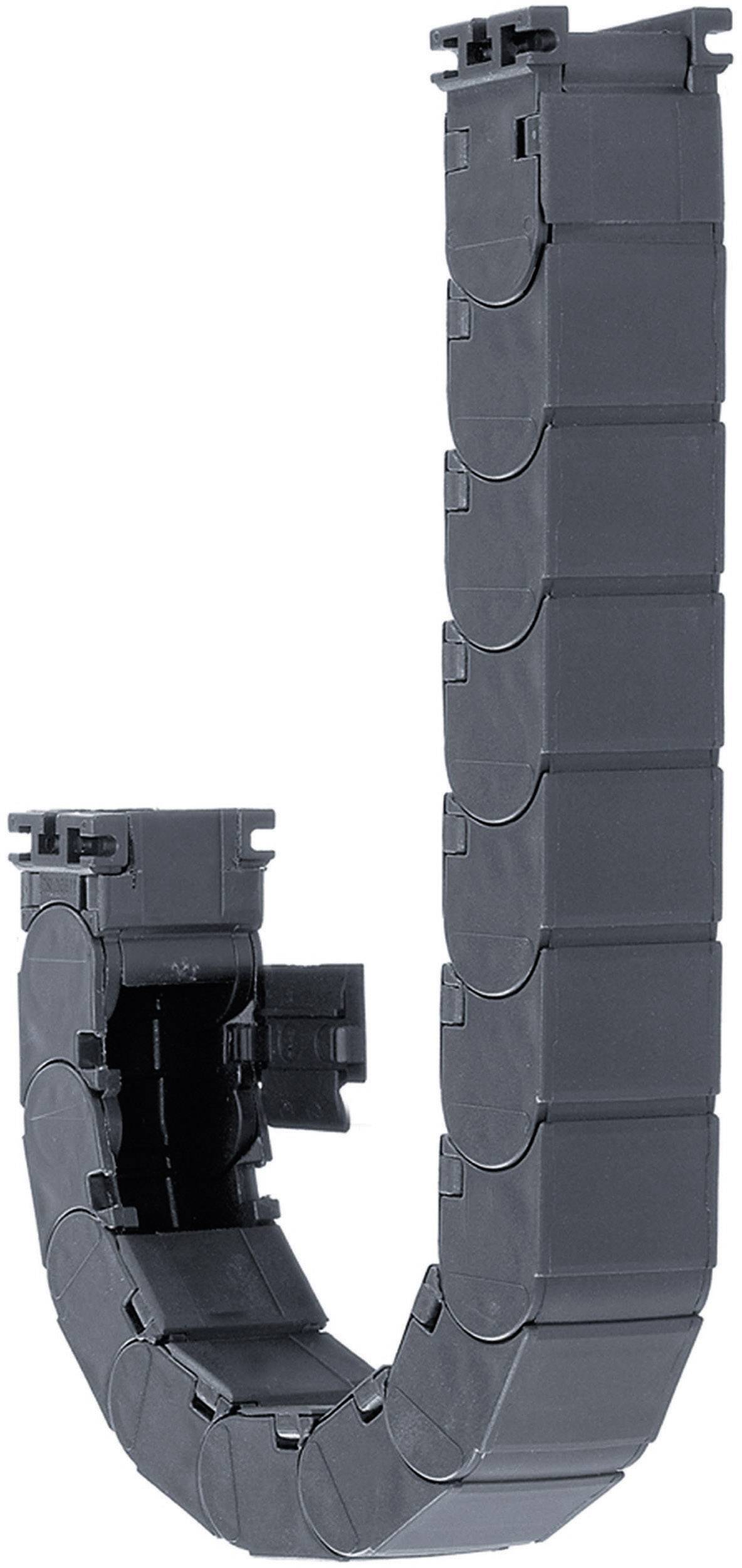 Black energy guiding chain in U-shape, flexible for cable management, with rectangular links for industrial applications.