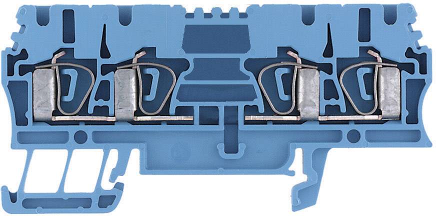 A blue electrical connector with multiple metal contacts and copper connections. It shows a cross-section of the internal structure.