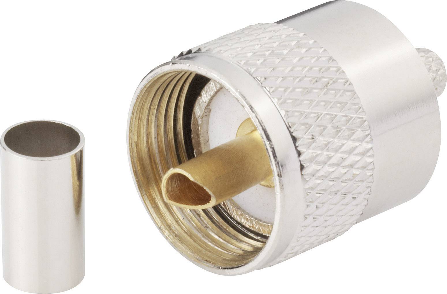 A silver coaxial plug next to a metal cylinder. The plug shows the internal thread and the golden centre contact.