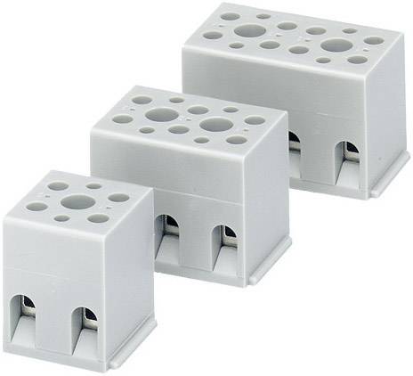Three grey, rectangular electrical terminal blocks of varying sizes, used for electrical connections.
