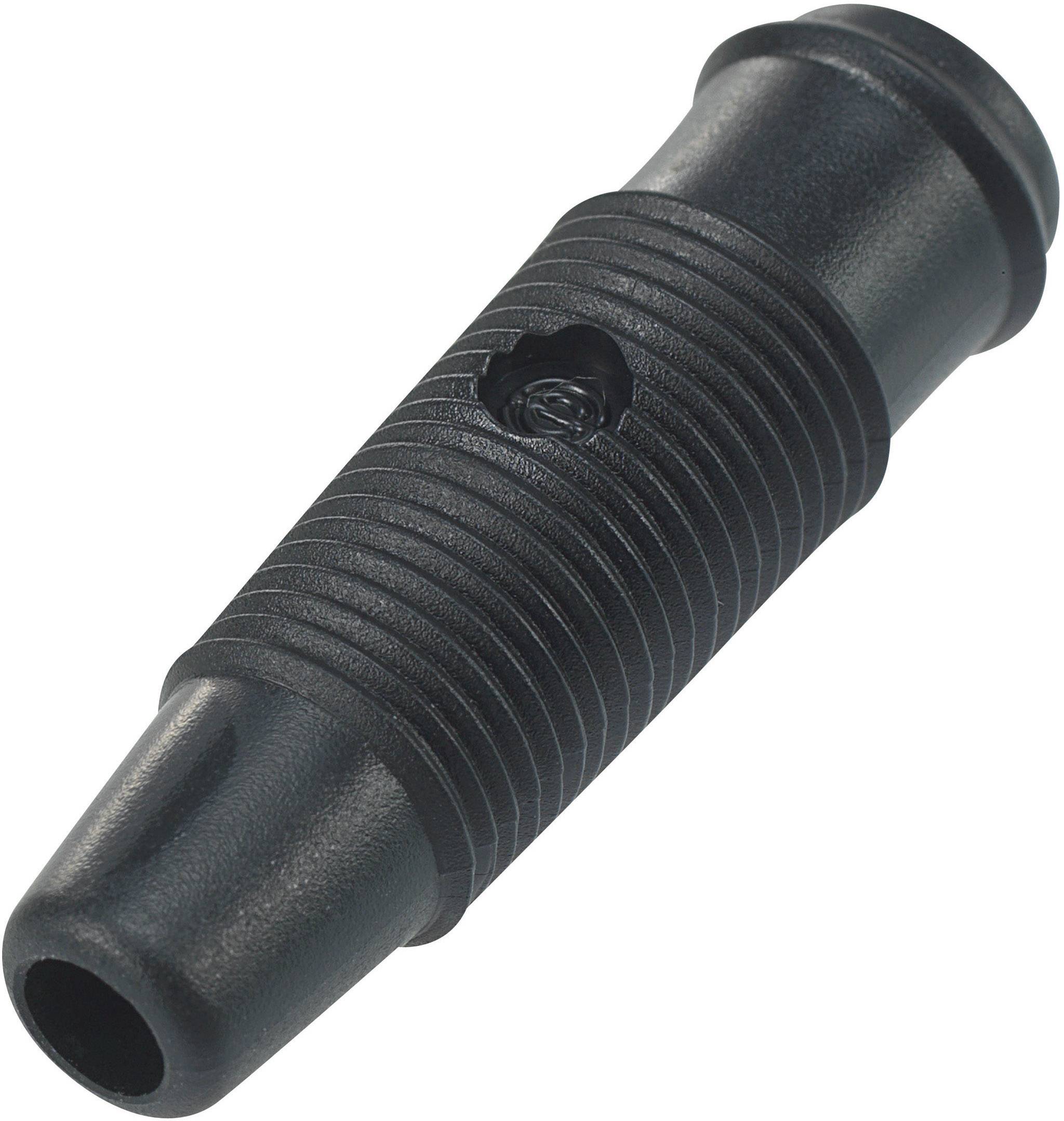 A black connector with a ribbed surface and cylindrical shape.