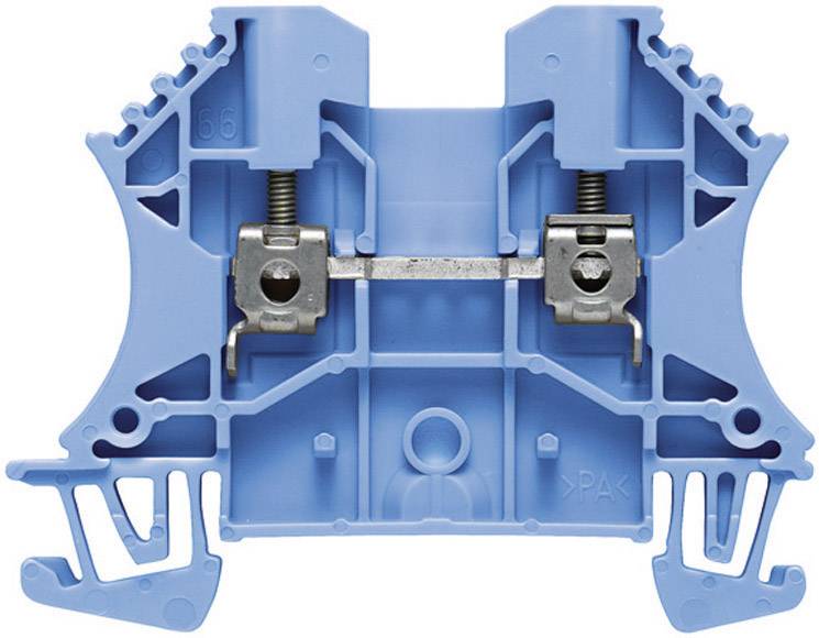 A blue electrical terminal block with metal inserts and screw connections, for securing wires in a control panel.