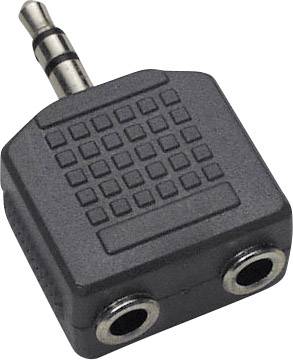 Black audio splitter adapter with a 3.5mm plug at the top and two sockets at the bottom. Ideal for connecting two headphones to a single device.