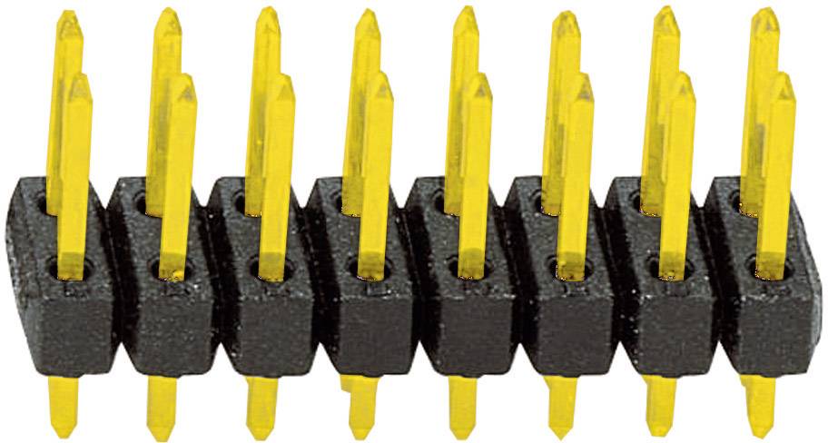 A row of yellow metal pins in a black housing, similar to a pin header for electrical connections on circuit boards.
