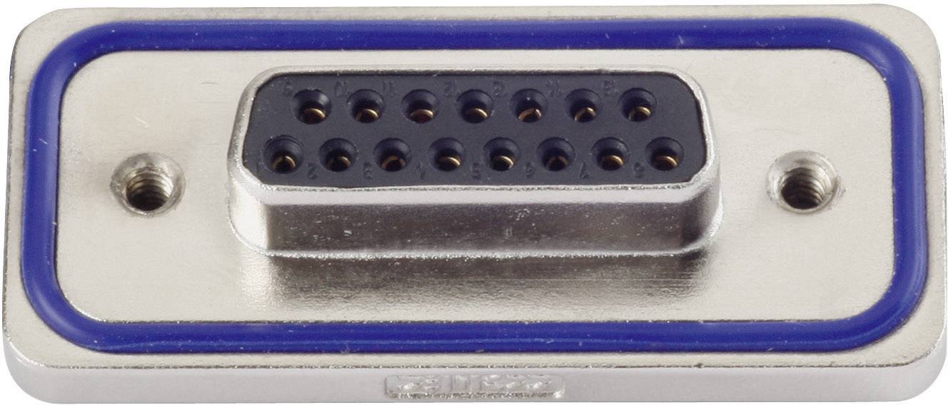 Metallic D-sub plug with 15 pins, surrounded by a blue frame, for use in electronic devices and connections.