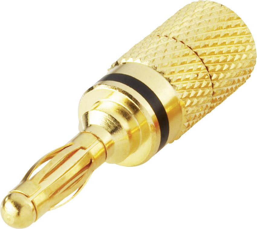 A gold-plated banana plug for audio connections, with knurled surface for better grip, suitable for speaker cables.