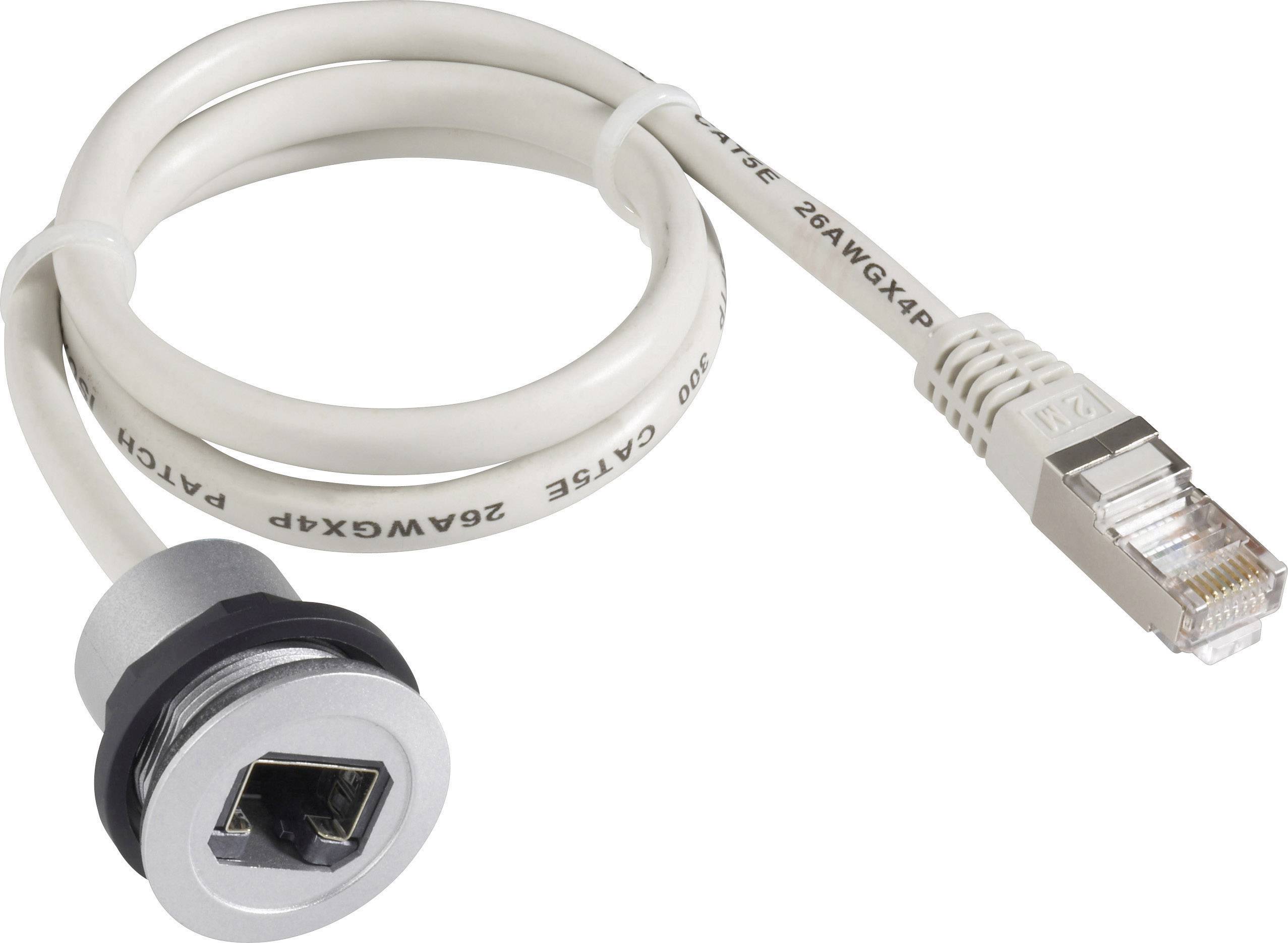 An Ethernet cable with a beige-sheathed plug and an integrated socket, suitable for network connections.
