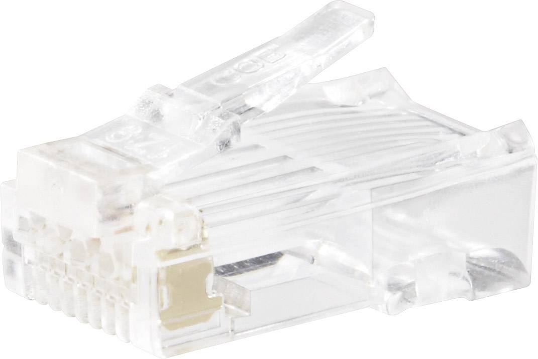 Close-up of a transparent RJ45 plug used for network cables to connect devices to the internet.
