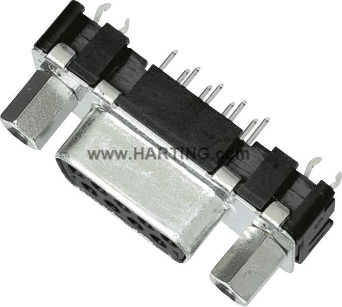 Electrical connector, metal housing, multiple connection pins and mounting brackets on the side, suitable for industrial applications.