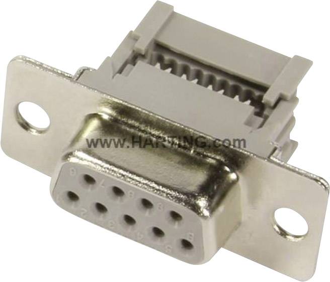 A grey, rectangular D-Sub plug with nine metal contacts and two mounting holes on both sides.