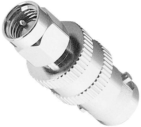 Silver metallic adapter, cylindrically shaped, with ribbed and smooth sections; it is a coaxial cable plug.