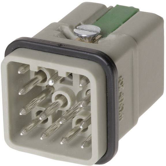 A rectangular electrical plug with eight metal pins, a green stripe, and a securing screw.