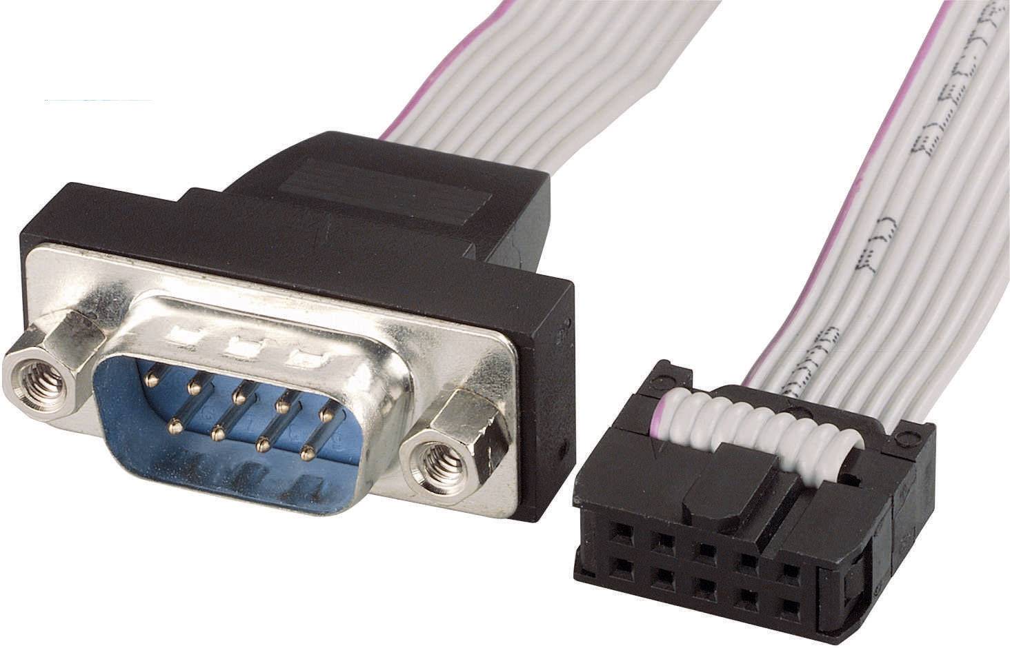 Close-up of a serial interface plug, connected to a ribbon cable and a plastic connector.