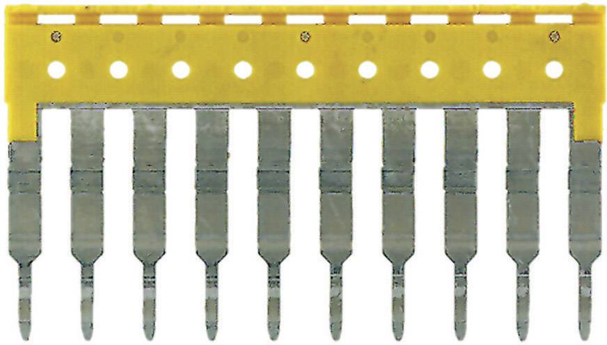 Metal fork bridge with yellow insulating strip on top, used for distributing electrical signals or voltages in terminal blocks.