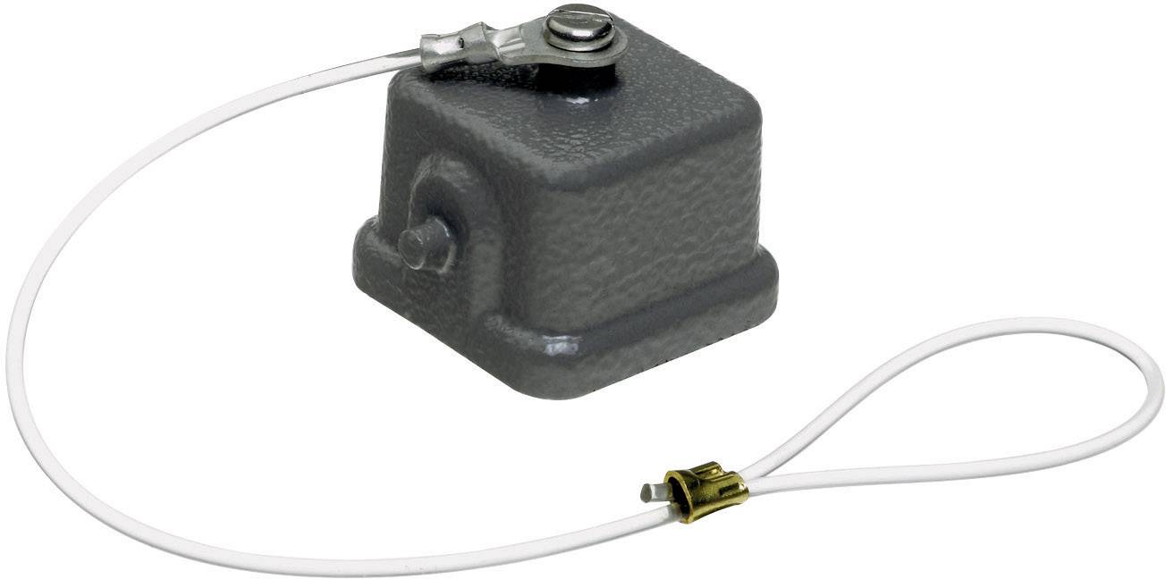 A rectangular, grey object with a metal connection and a white cable with a loop. Potentially an electrical component.