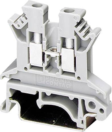 A grey electrical terminal block with two screw connections, suitable for mounting on a DIN rail.