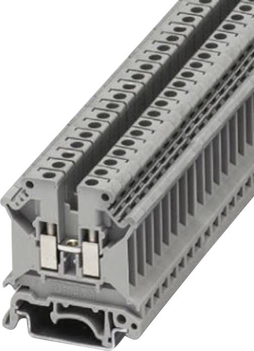 Grey two-tier terminal block for industrial use, showing the connections and terminals for electrical connections.