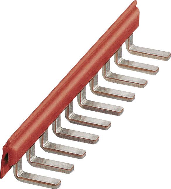 A red bus bar connector for electronic switchboards with multiple metal contacts.