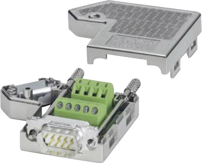 An opened metal enclosure with a green connector featuring screw terminals, suitable for mounting D-Sub connections.