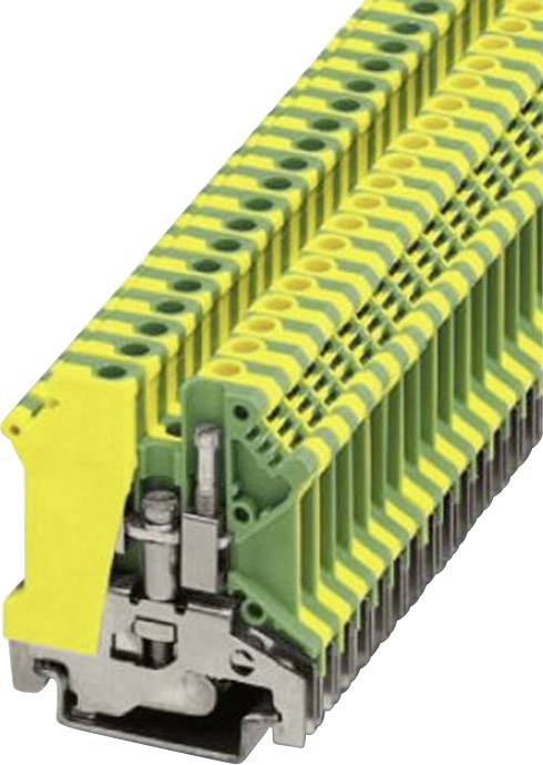 Pictured is a terminal block in yellow and green colouration. It displays the connection points and metallic contact elements.