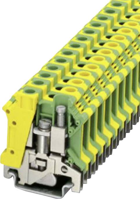 Yellow-green terminal block for electrical connections, stackable, with metal connections and screw fixings.