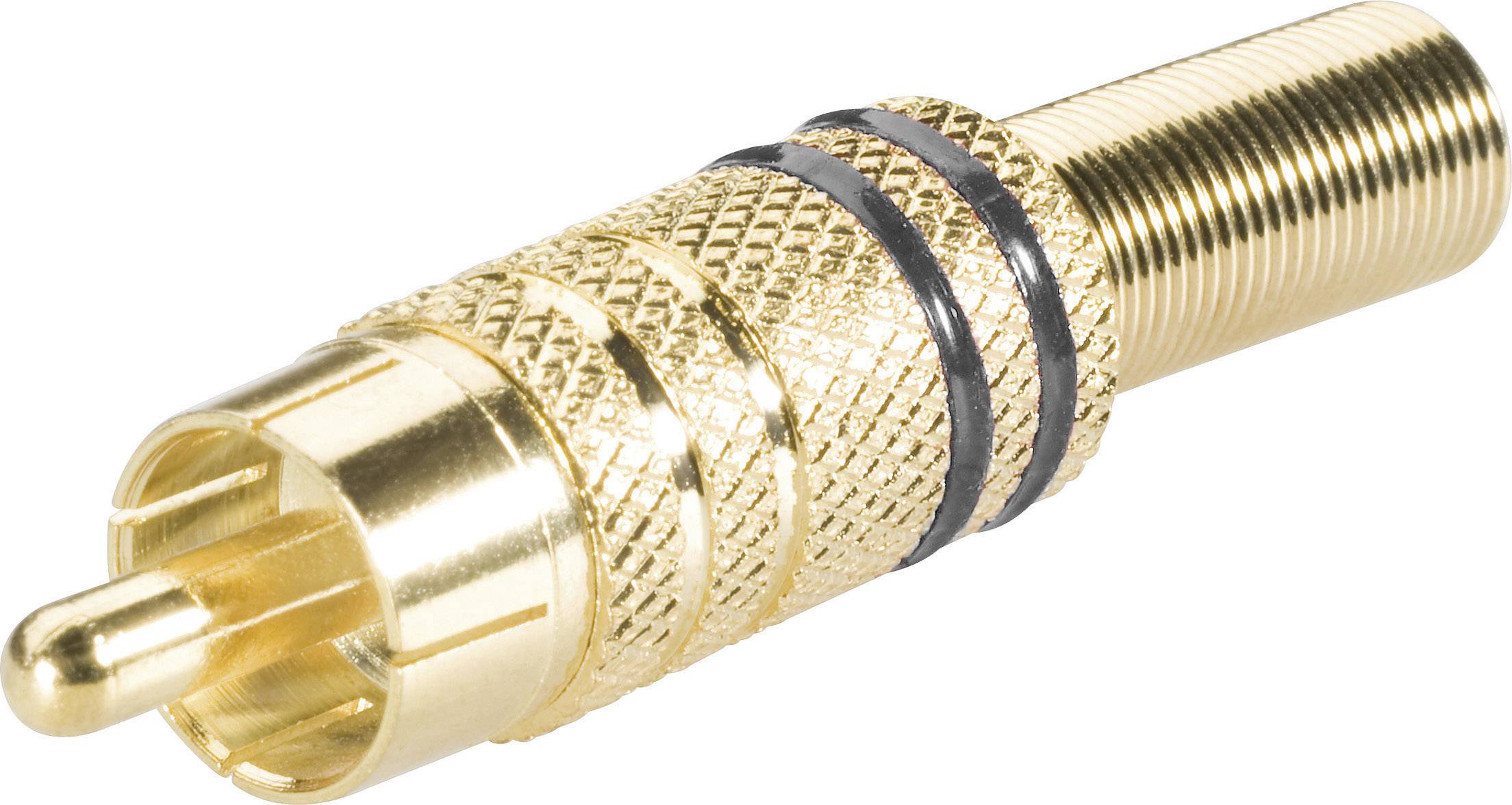 Golden RCA plug with a knurled grip and black ring, for connecting audio devices.