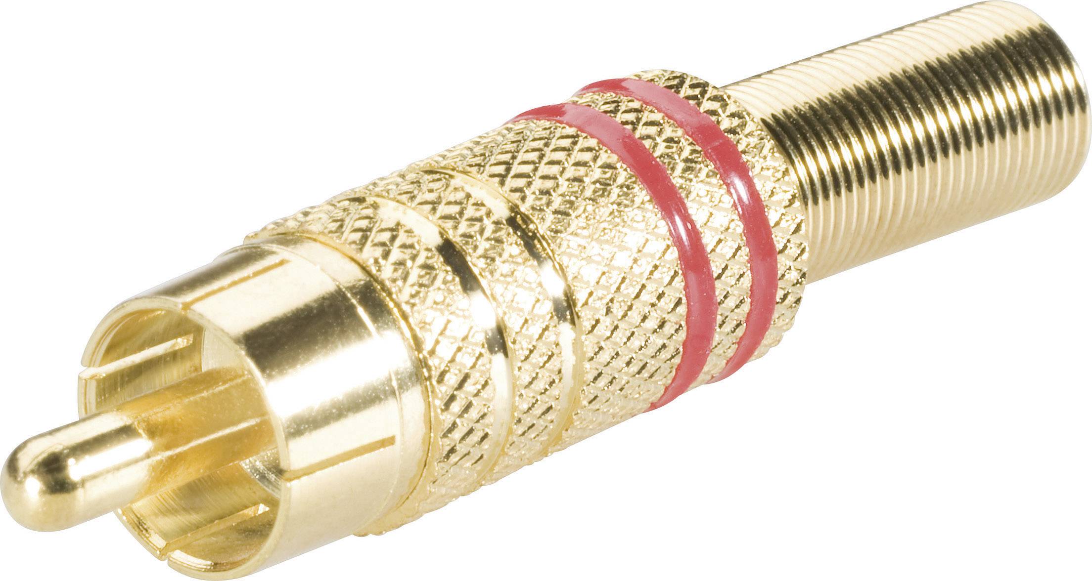 Golden RCA phono plug with a red ring and ribbed texture, used for audio and video connections in electronic devices.