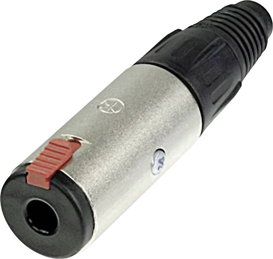 An XLR plug with a black and silver housing. A red locking button is visible. The plug is used for audio connections.
