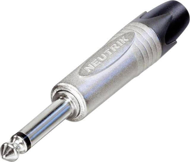 A silver-coloured jack plug with a black end and the inscription 'NEUTRIK' on the handle. Used for connecting audio devices.