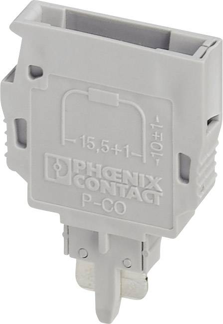 Grey electrical connector module by Phoenix Contact with markings '15.5 + 1' and 'P-CO'.