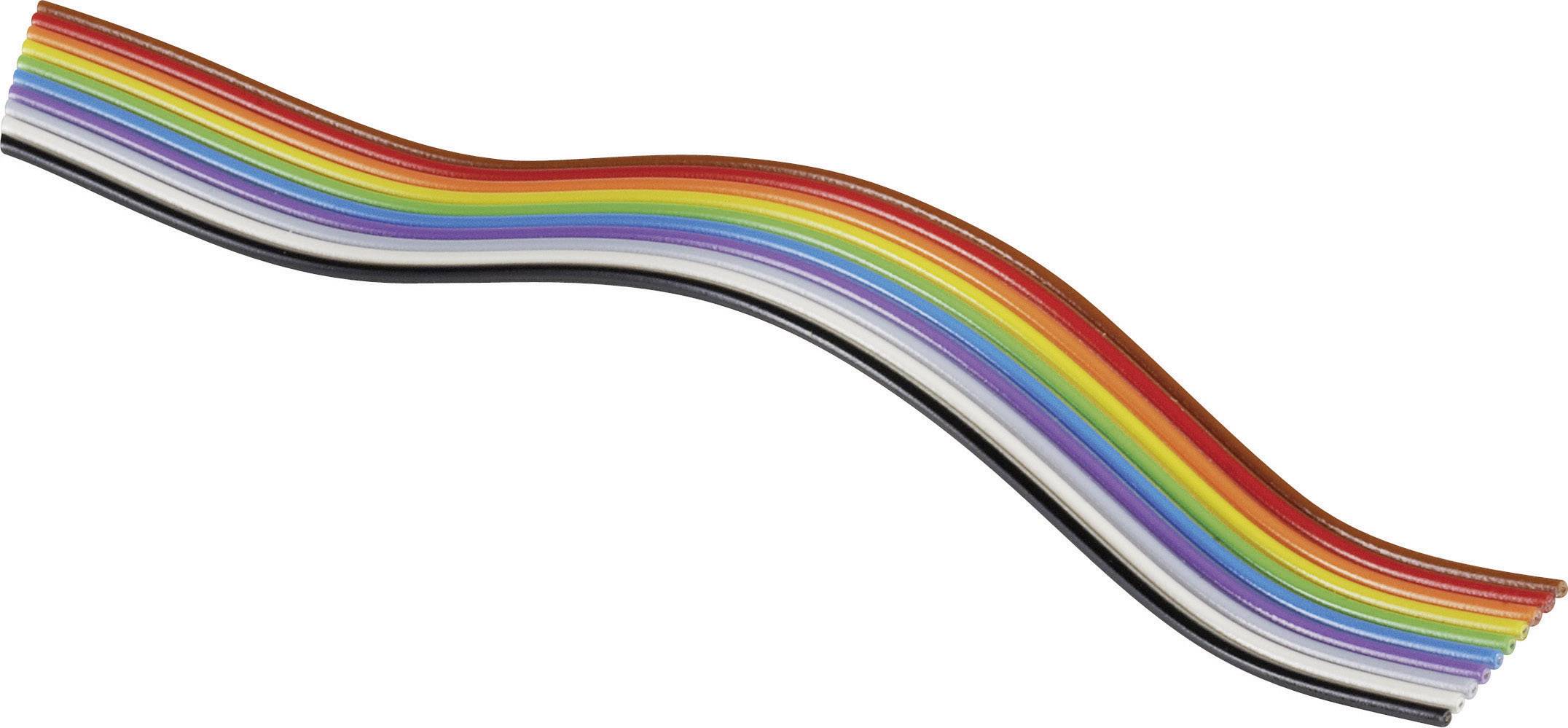 A multi-coloured rainbow cable harness with parallel-running wires in various colours, aesthetically curved.