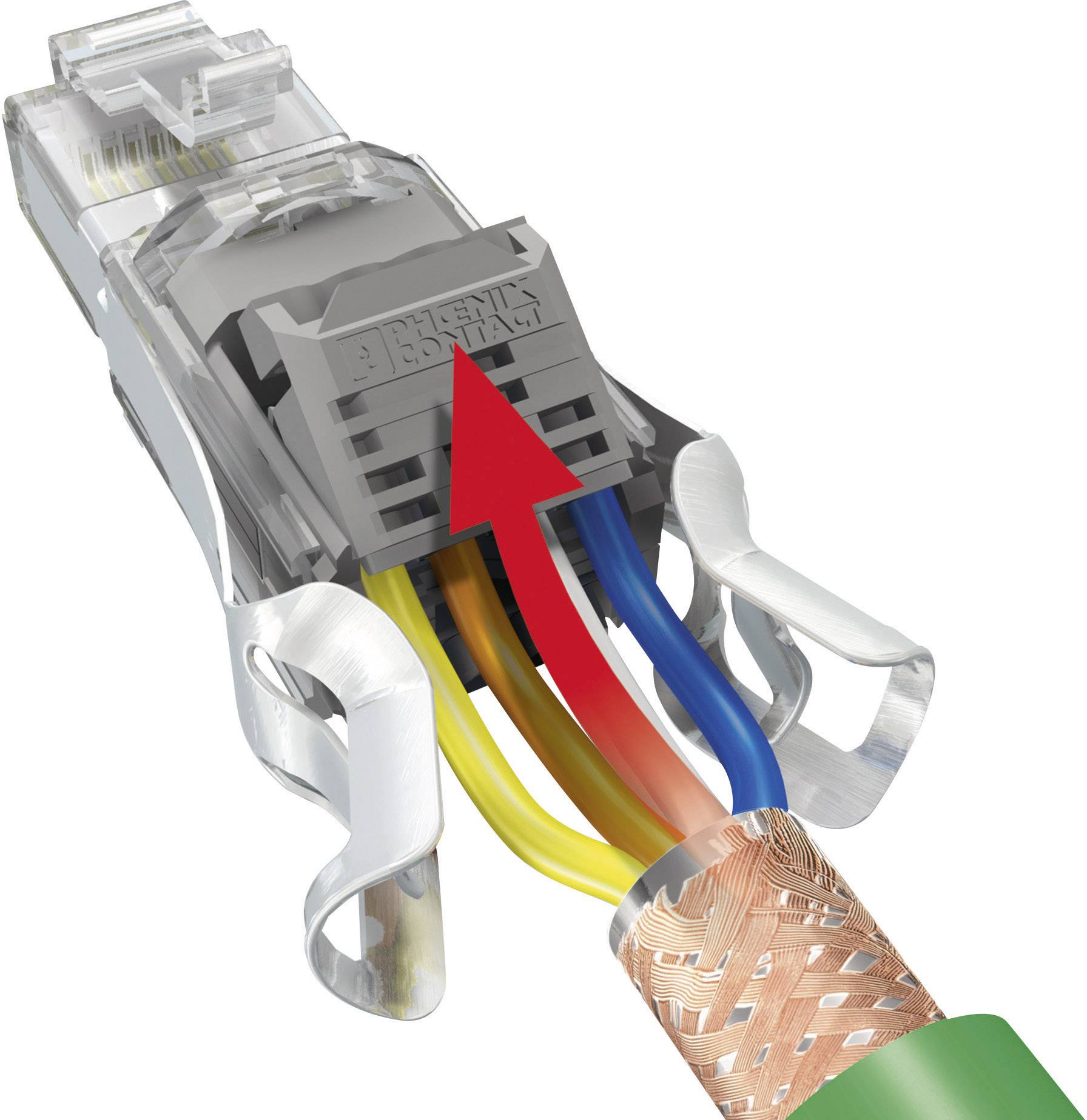 Socket with metal clips and coloured cables, connected with an upward-pointing arrow, symbolises network connection.