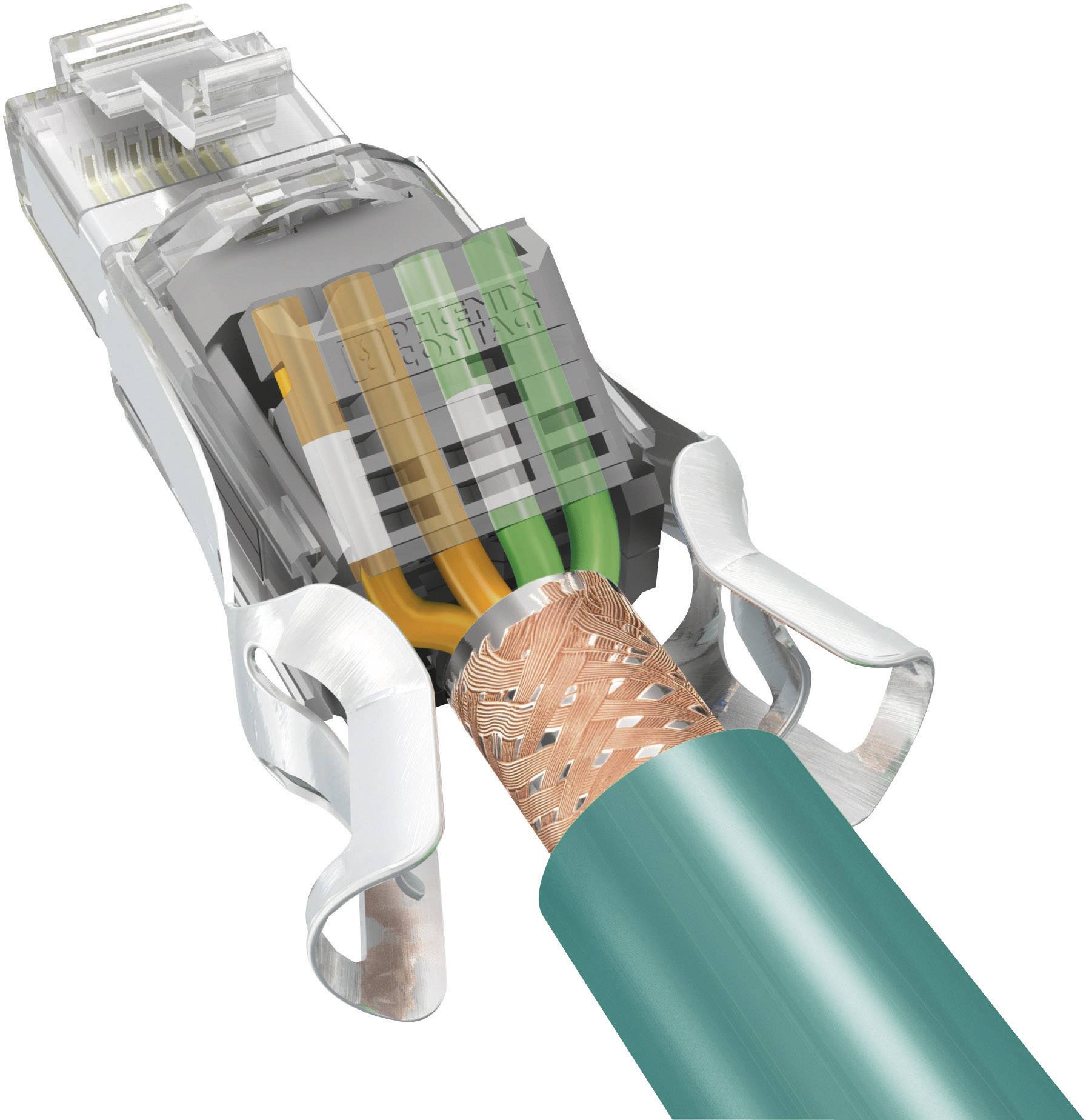 Close-up of an Ethernet cable with exposed coloured wires ending in a transparent connector.