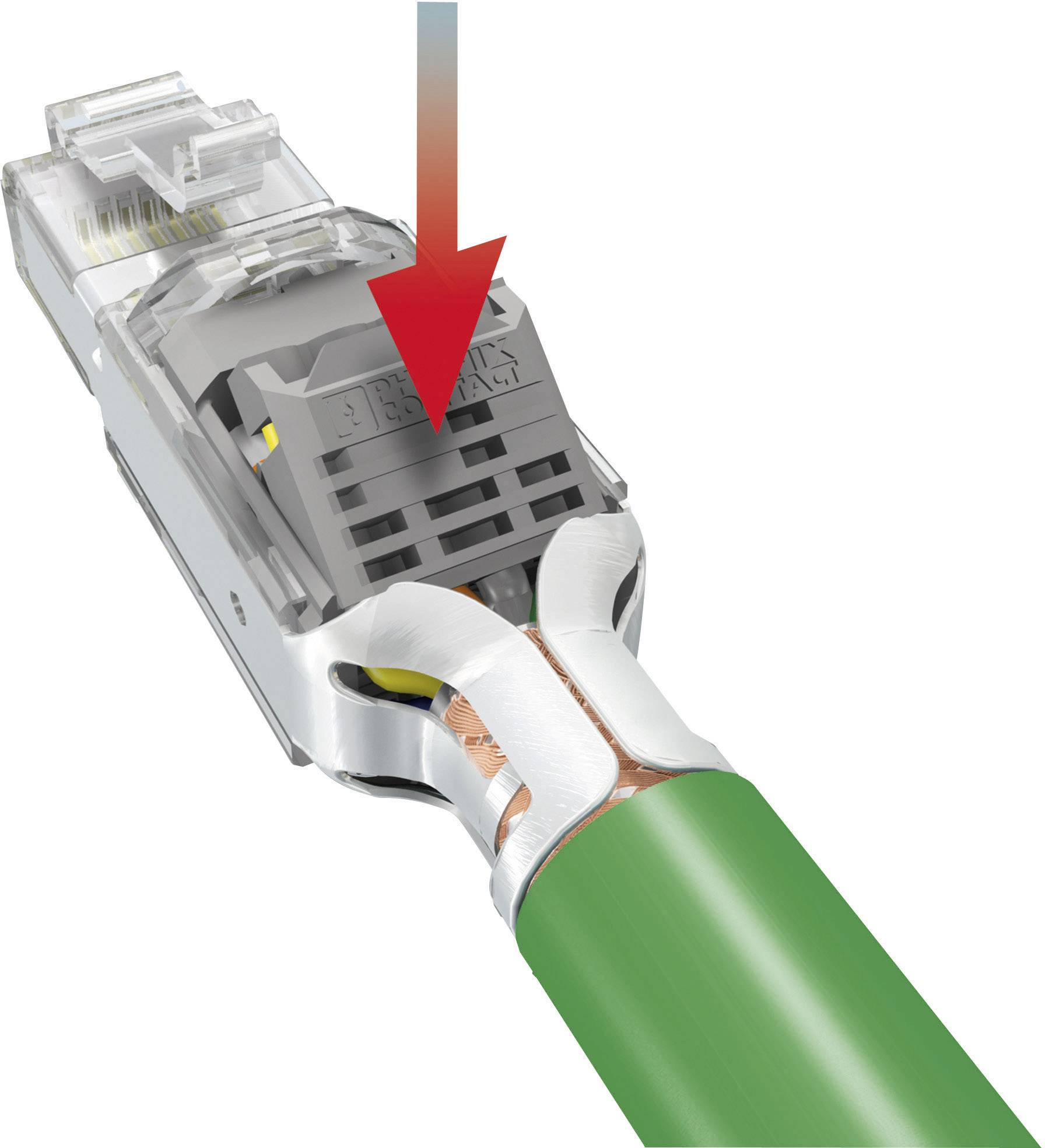 Close-up of an Ethernet plug with stripped cable. Red arrow points to the connector contact to illustrate the insertion process.