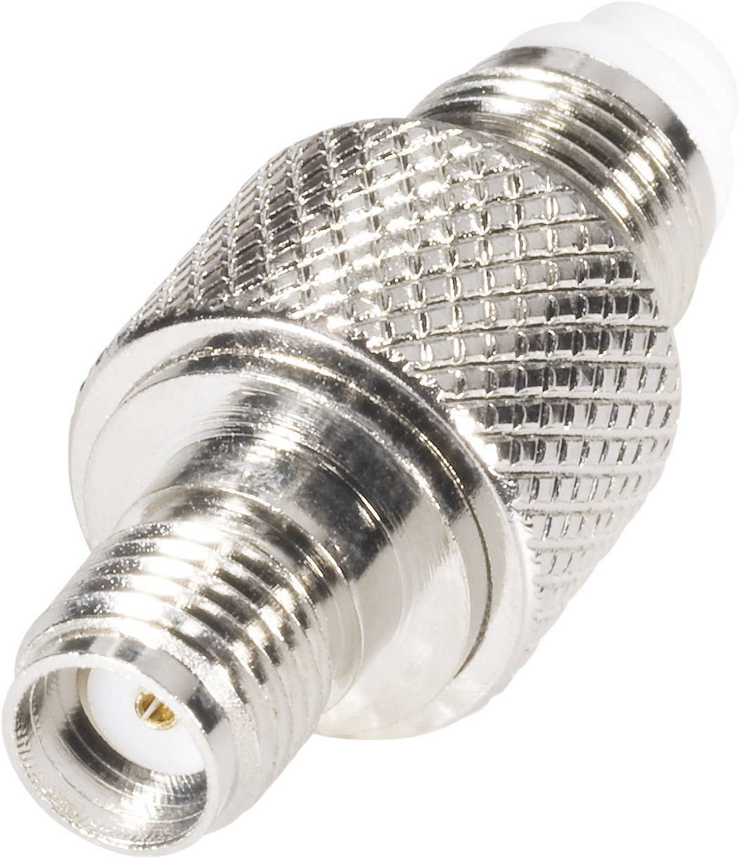 A silver coaxial connector adapter with a knurled grip, showing two different connection ends for linking cables.