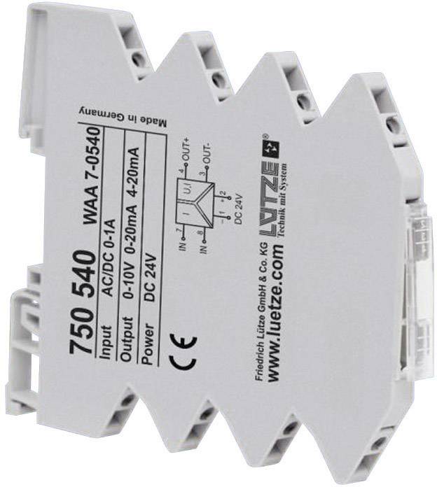 Lutze WAA 7-0540 module, grey housing colour. Input: AC/DC 0-1A, Output: 0-10V, 0-20mA, 4-20mA, Power: DC 24V.