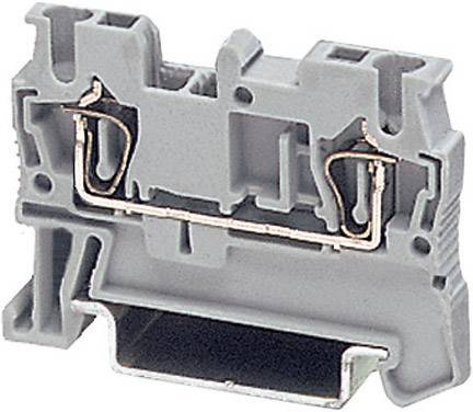 Grey electrical terminal block for DIN rail mounting, with spring-loaded terminal contacts for wiring; side view.