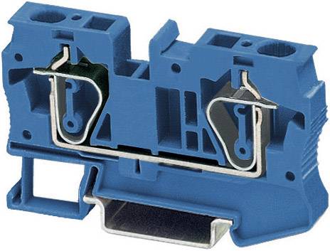 A blue plastic terminal block with metal connections. It is used for connecting electrical cables in control cabinets.