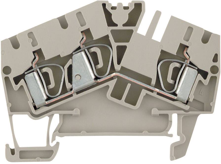 Grey plastic terminal housing with metal contacts inside, viewed from the side. Suitable for mounting in control panels.