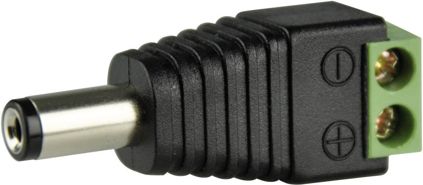 Black and green DC adapter with screw terminals and a round plug, suitable for electrical connections.