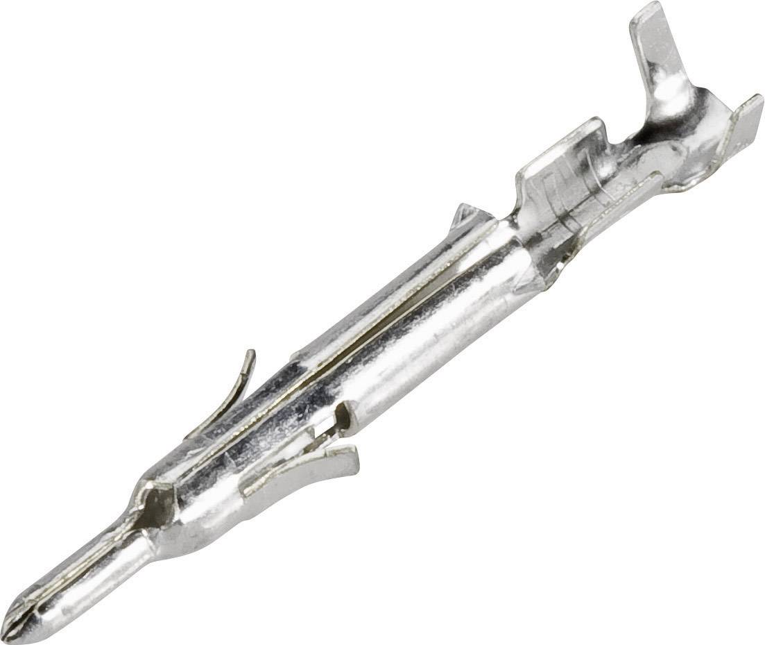 A single metallic electrical plug contact, slender and silver-coloured, with two hooks at one end and a pointed tip at the other.
