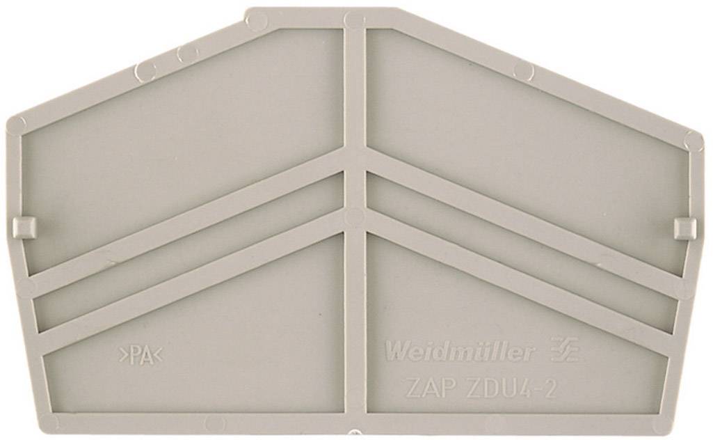 'Weidmüller ZAP ZDU4-2' grey plastic cover with a trapezoidal design and markings.
