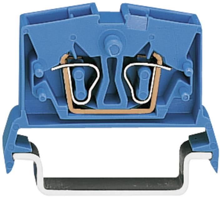 Electrical blue terminal connection, showing a cross-section with metallic contacts and mounting elements.