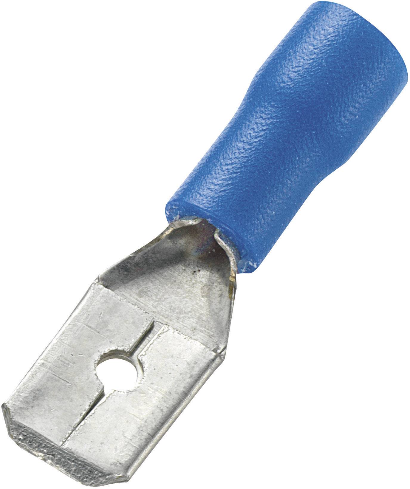 A blue isolated cable lug with a metal connector, commonly used in electrical connections, shows a flat spade terminal shape.