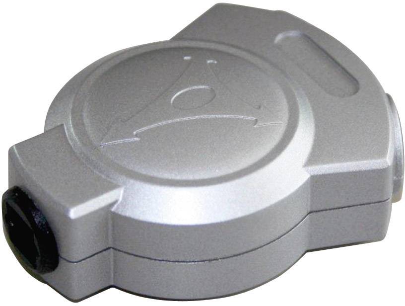 A silver electronic device with a round logo on it, likely a computer adapter or sensor.