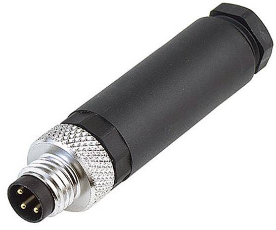 A black, cylindrical electrical plug with four metal pins.