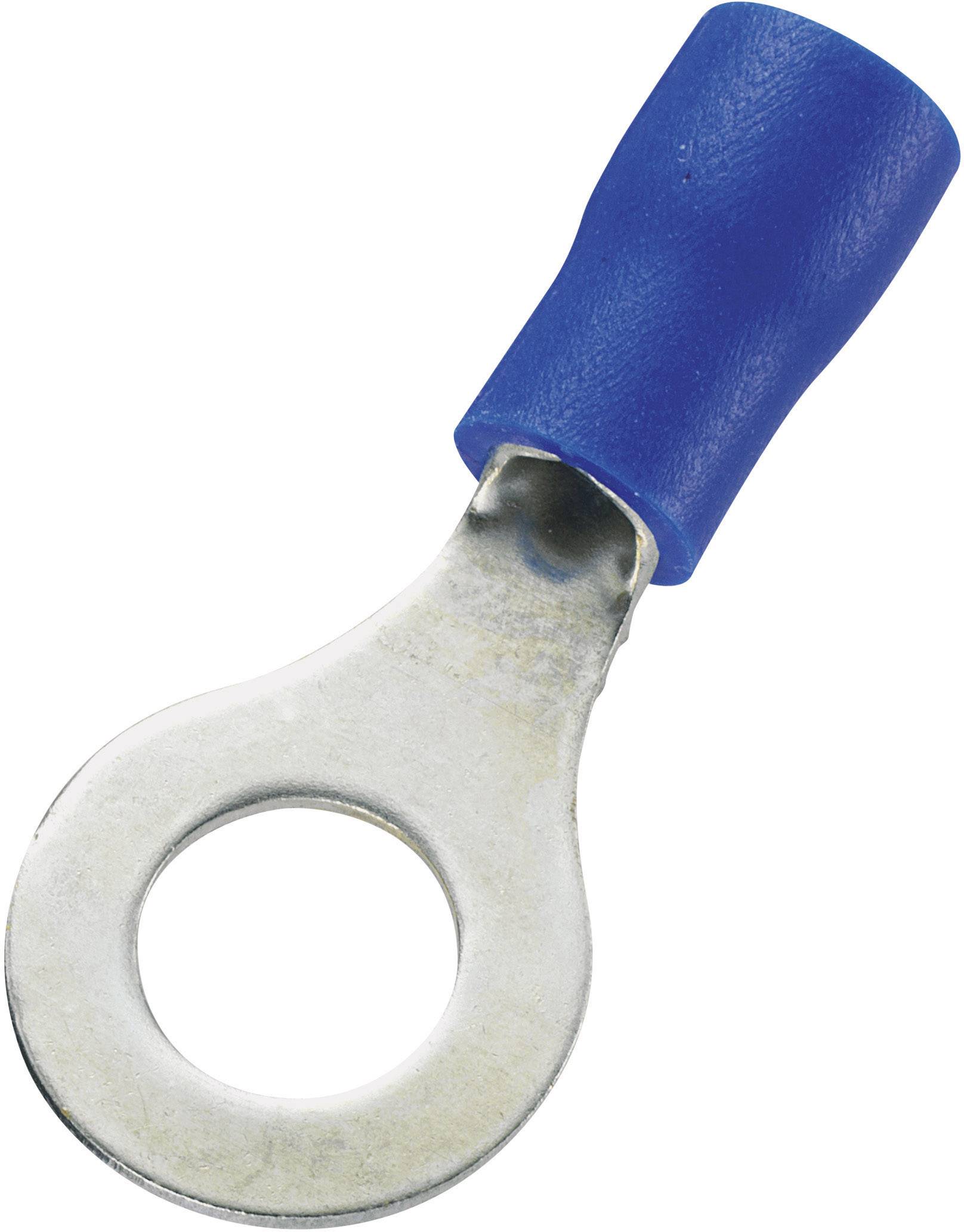 A metal ring cable lug with blue insulation and a flat, ring-shaped end for attaching to electrical connections.