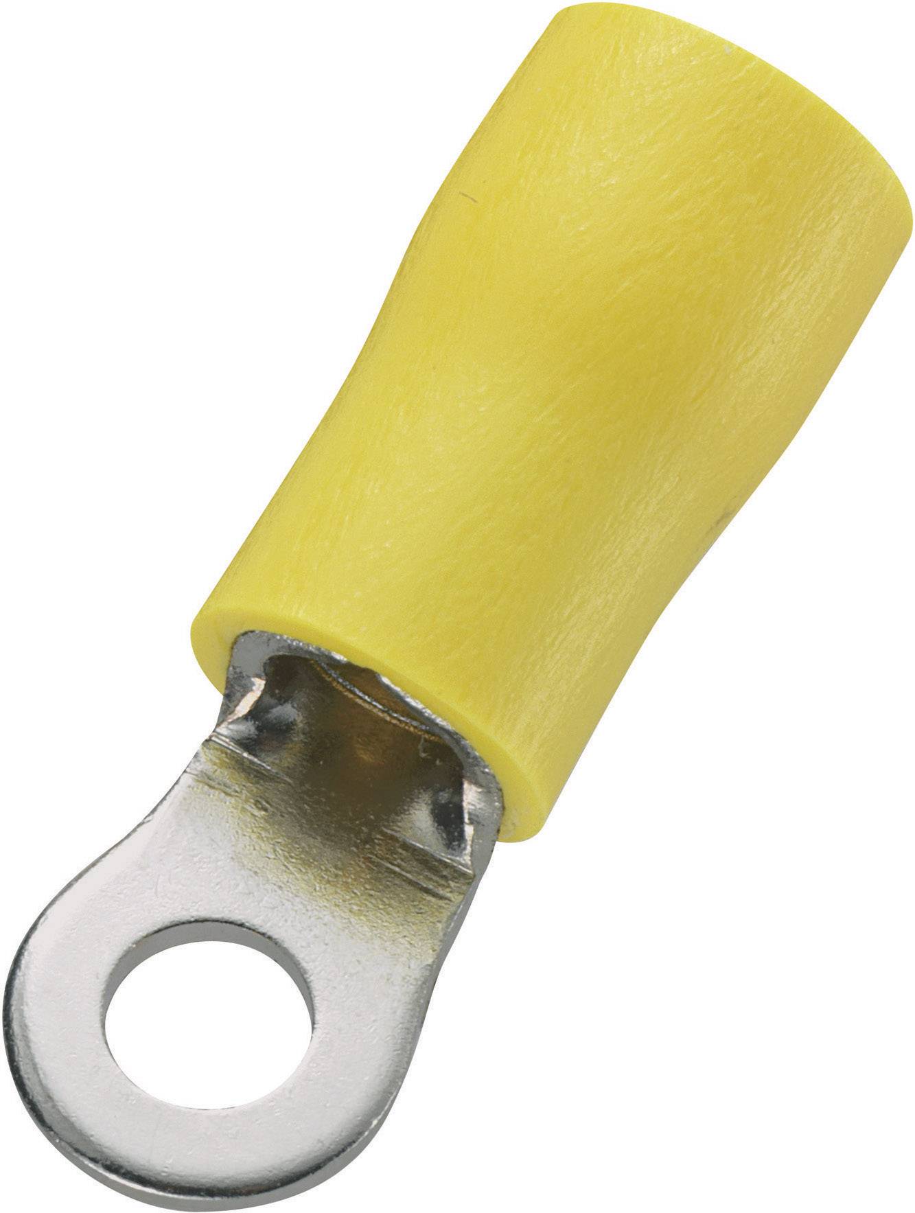 Yellow metal and plastic ring cable lug with a circular opening, suitable for electrical connections.