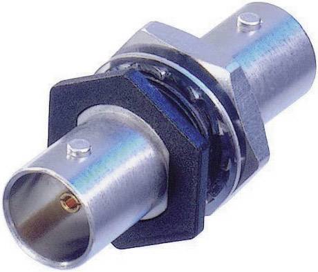Metallic coaxial adapter in cylindrical form, used for connecting coaxial cables in electronic devices and systems.